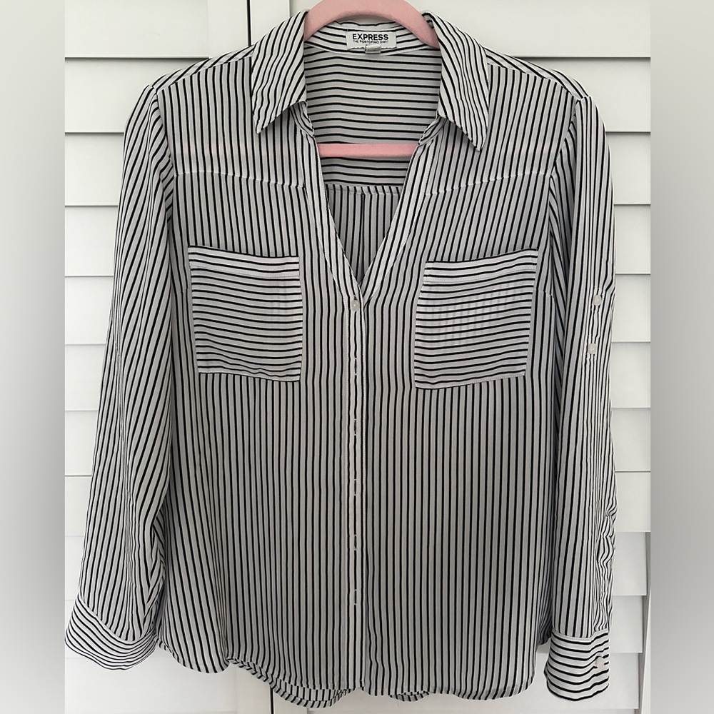 Express Portofino Button Down Camp Shirt Blouse Striped Medium Petite
